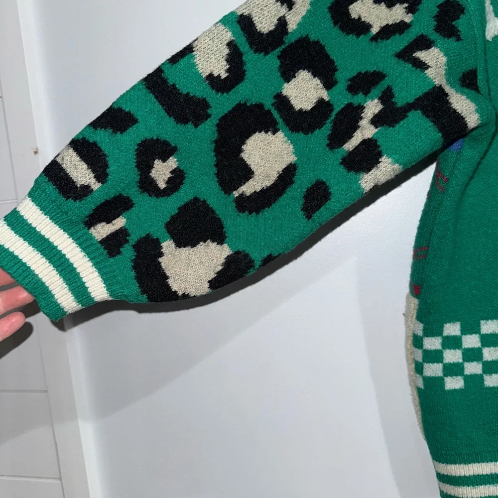 Rare Smiley Patchwork Knit Bomber Jacket Green Leopard Check Full Zip Streetwear